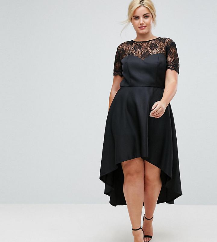 Chi Chi London Plus High Low Midi Skater Dress With Lace Neckline - Black