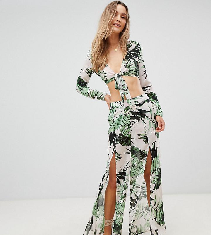 Prettylittlething Palm Print Split Leg Pants - White