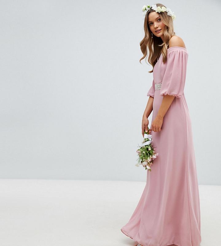 Tfnc Bardot Maxi Bridesmaid Dress With Sleeve Drama And Embellished Waist-pink