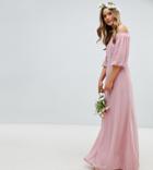 Tfnc Bardot Maxi Bridesmaid Dress With Sleeve Drama And Embellished Waist-pink