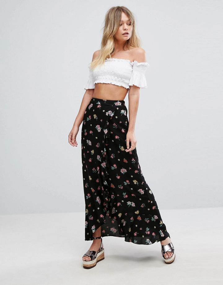 New Look Frill Floral Maxi Skirt - Black