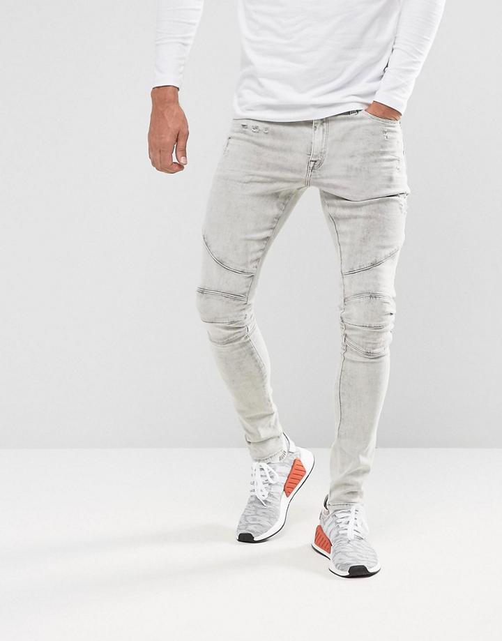 Asos Extreme Super Skinny Jeans In Light Gray Biker And Hem Detail - Gray