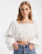 Asos Design Crinkle Top With Crochet Front In Cream-white
