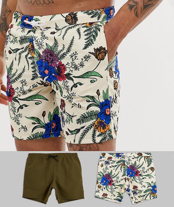 Asos Design Swim Shorts In Floral & Khaki Mid Length 2 Pack - Multi