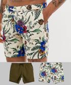 Asos Design Swim Shorts In Floral & Khaki Mid Length 2 Pack - Multi