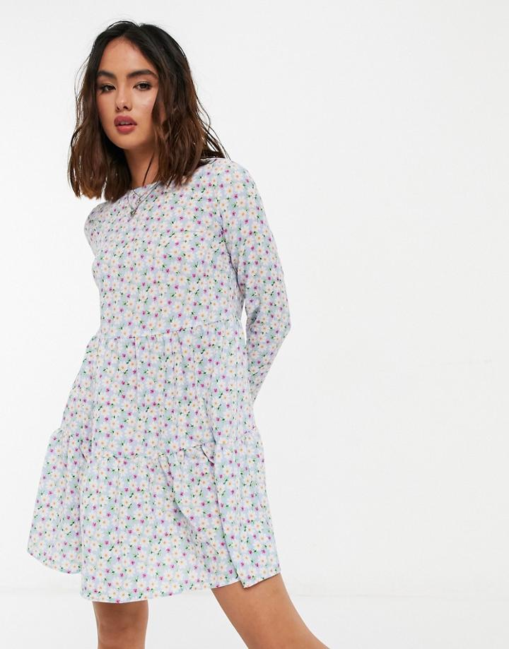 Asos Design Long Sleeve Tiered Smock Mini Dress In Blue Floral-multi