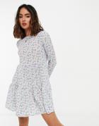 Asos Design Long Sleeve Tiered Smock Mini Dress In Blue Floral-multi