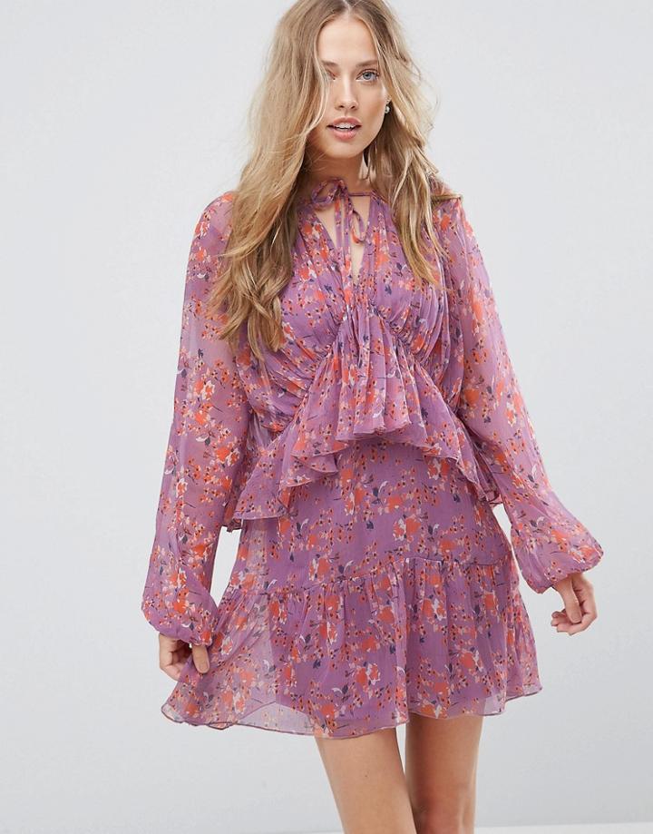 Rage V Neck Frilled Floral Dress - Multi