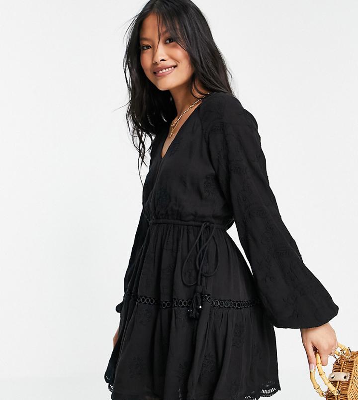 River Island Petite Broderie Tiered Smock Mini Dress In Black