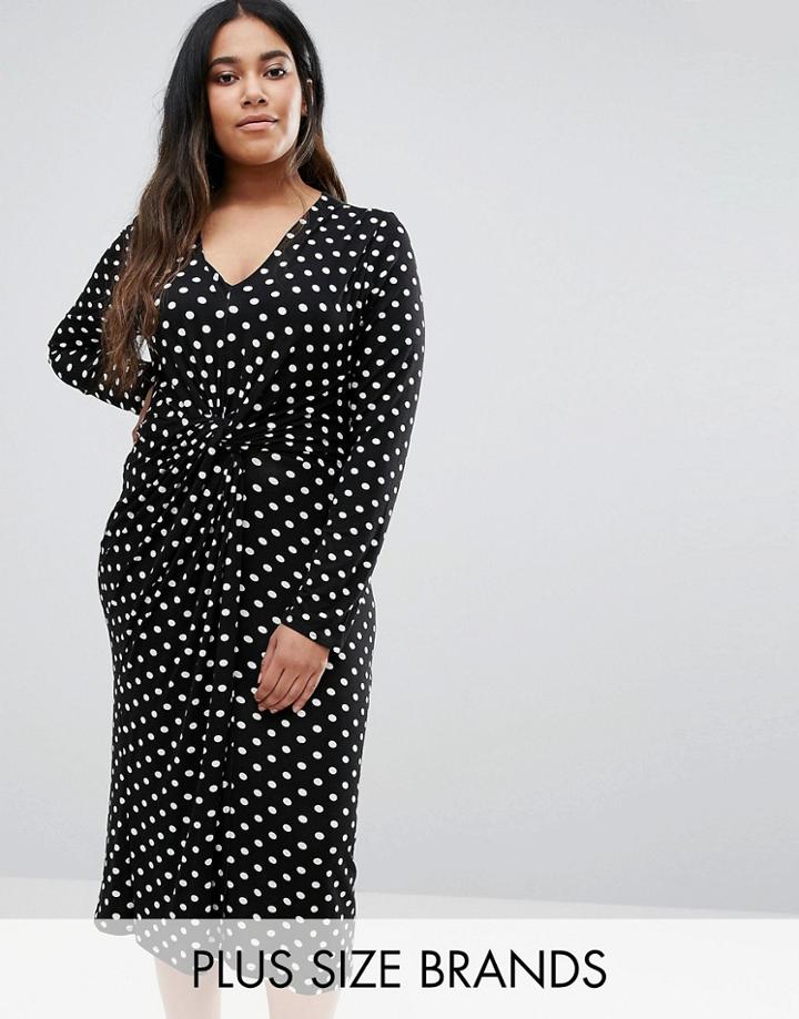 Club L Plus Midi Dress With Knot Front In Polka Dot Print - Black
