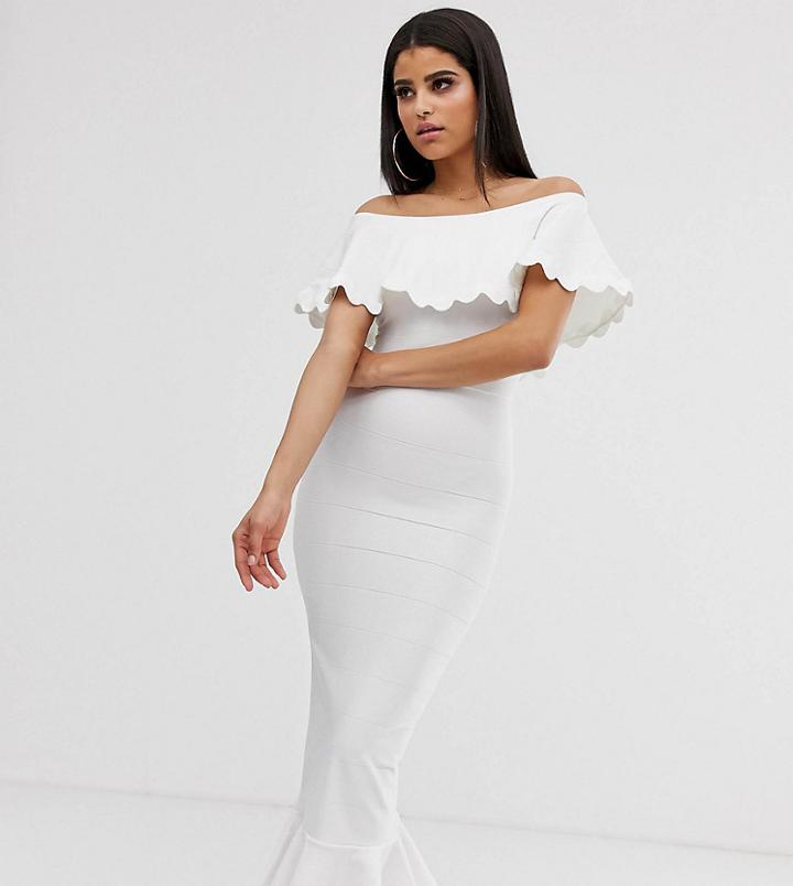 Asos Design Tall Scallop Detail Bandeau Bandage Midi Pencil Dress With Pephem - White