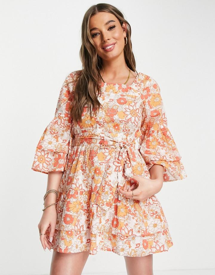Influence Square Neck Mini Dress In Orange Floral-multi