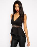 Asos Peplum Top With Embellished Trim And Lace Back - Black