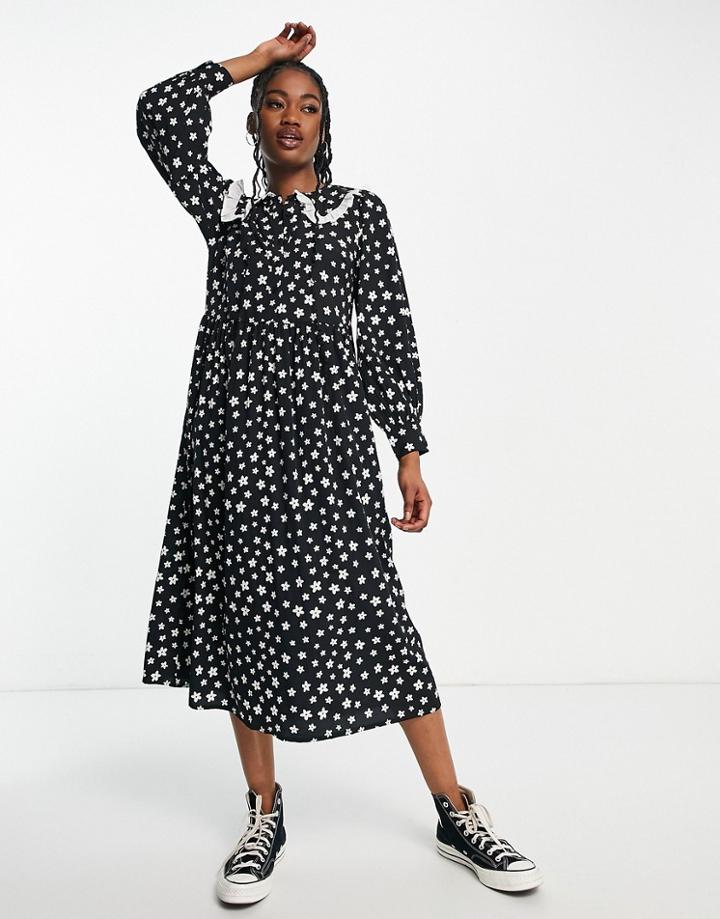 New Look Collar Detail Midi Smock Dress In Black Floral