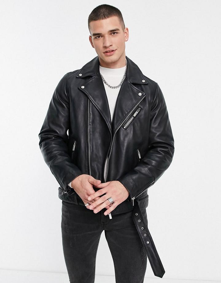 Topman Real Leather Moto Jacket In Black