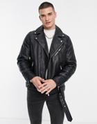 Topman Real Leather Moto Jacket In Black