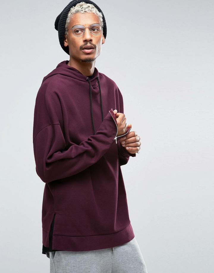Asos Oversized Hoodie In Heavy Waffle With Sleeve Zips - Red