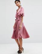 Asos Pleated Wrap Midi Dress In Satin - Purple