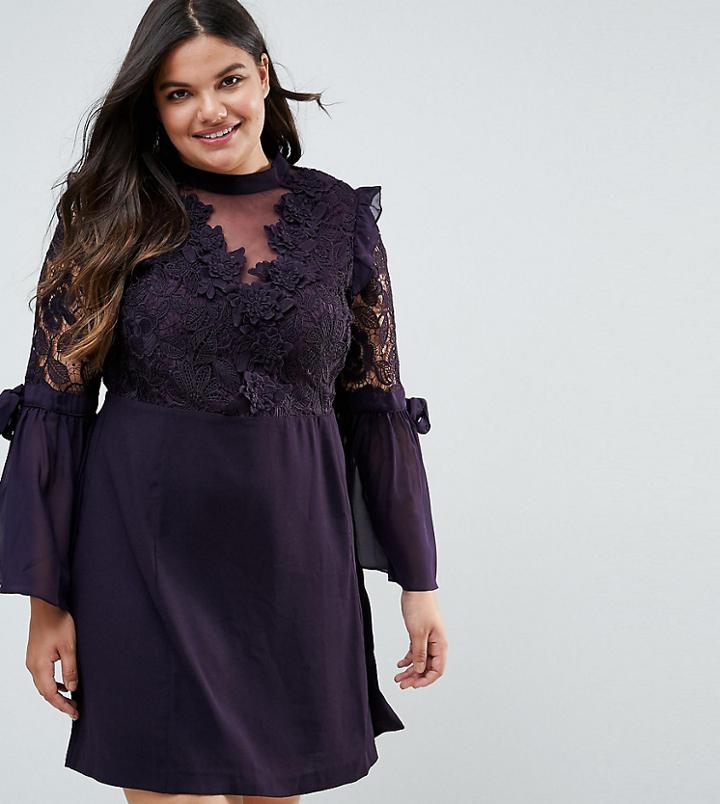 Truly You Premium Lace Mini Dress With Bow Sleeve Detail - Purple