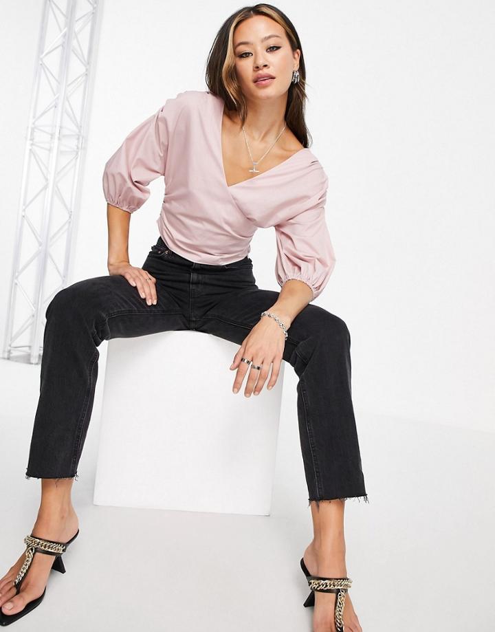 Asos Design Cotton Fallen Shoulder Wrap Top With Volume Sleeve In Pink