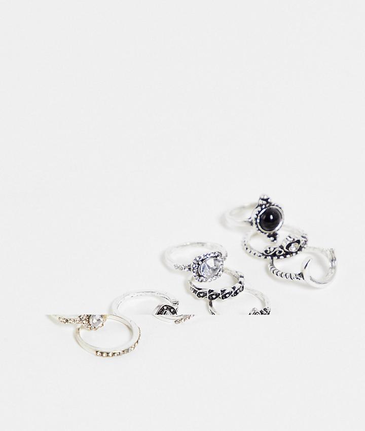 Ego Moon And Crystal Celestial Onyx Pack Of 14 Rings In Silver