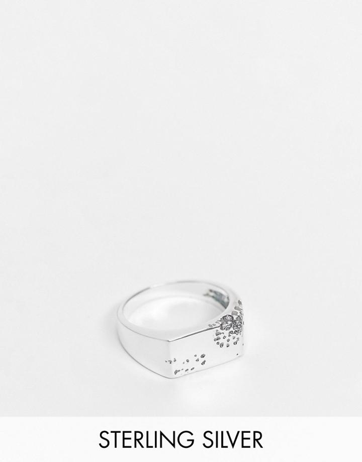 Asos Design Sterling Silver Signet Ring With Eroded Design In Burnished Silver