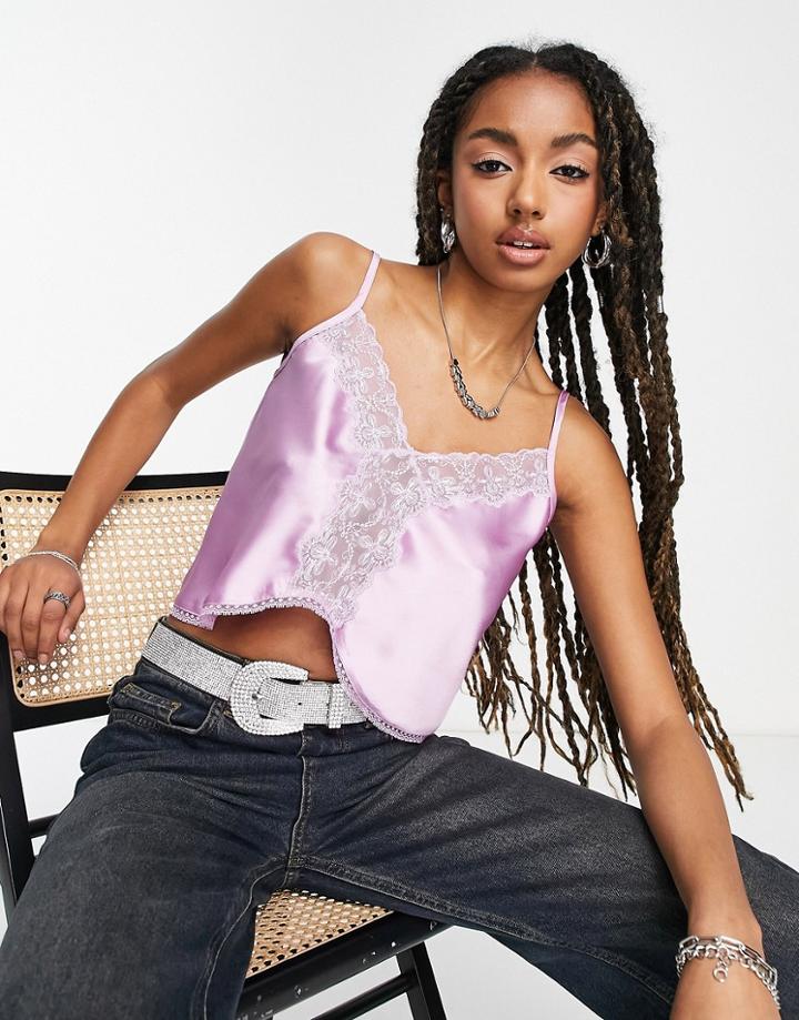 Asos Design Satin Cami With Lace Insert And Dip Hem Detail In Purple