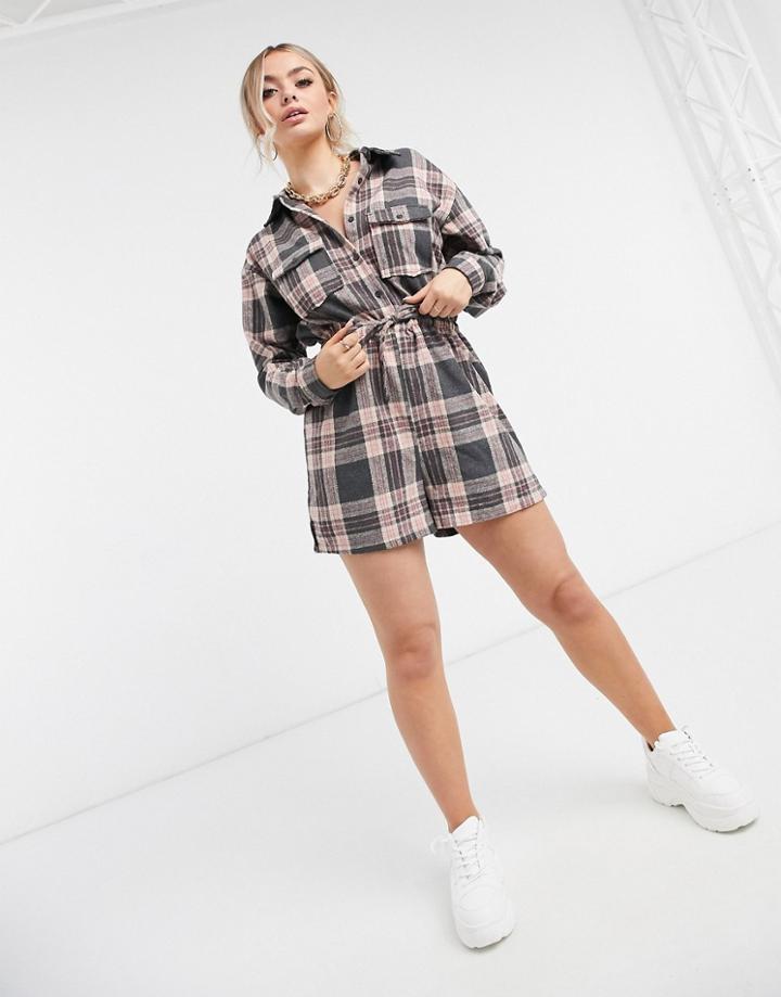 Missguided Long Sleeve Romper In Brushed Check-pink