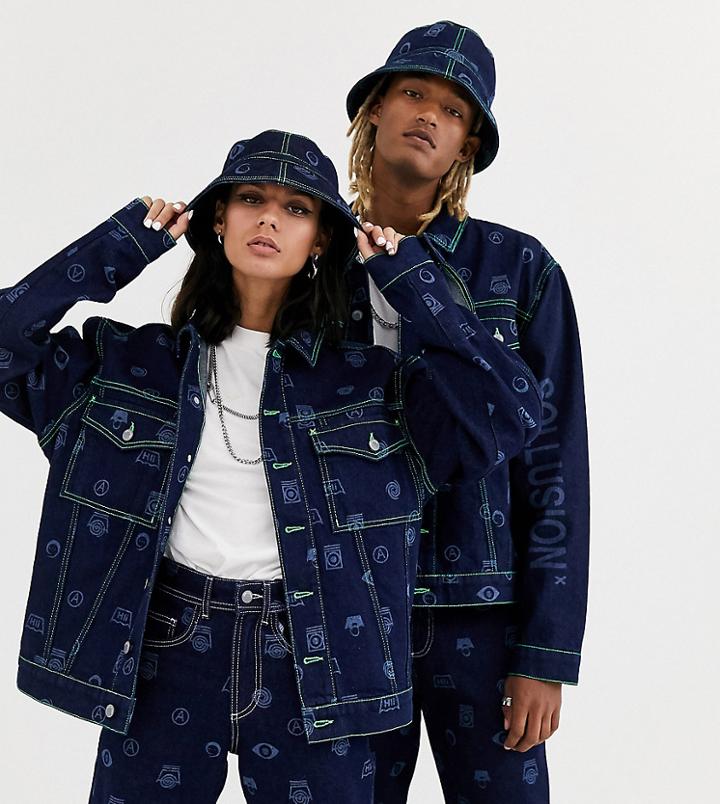 Collusion Unisex Printed Denim Jacket With Neon Stitch-blue