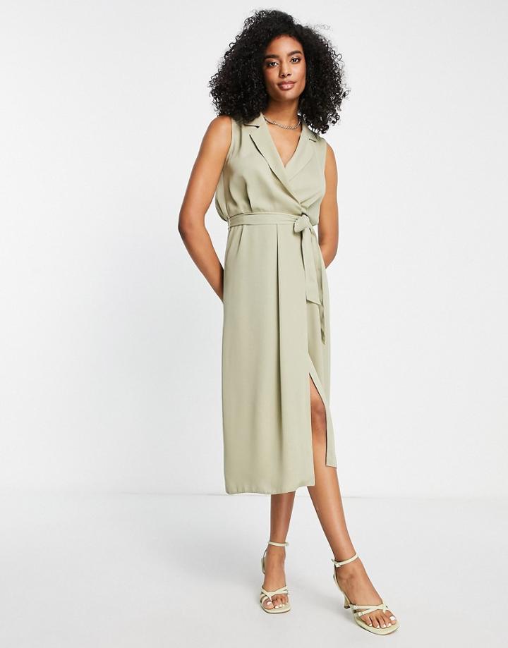 Asos Design Tie Front Sleeveless Collared Wrap Midi Dress In Green