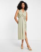 Asos Design Tie Front Sleeveless Collared Wrap Midi Dress In Green