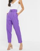 Asos Design Paperbag Pants With D Ring In Lilac-purple