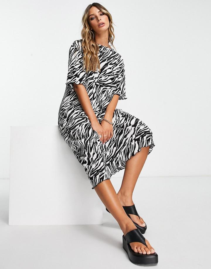 Asos Design Plisse Column Midi T-shirt Dress In Mono Zebra-multi