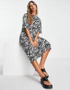 Asos Design Plisse Column Midi T-shirt Dress In Mono Zebra-multi