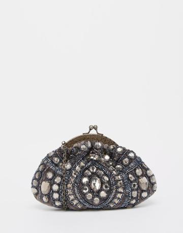 Moyna Velvet Vintage Style Clutch Bag With Gems & Beading - Gray