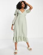 River Island Textured Wrap Midi Dress In Light Green