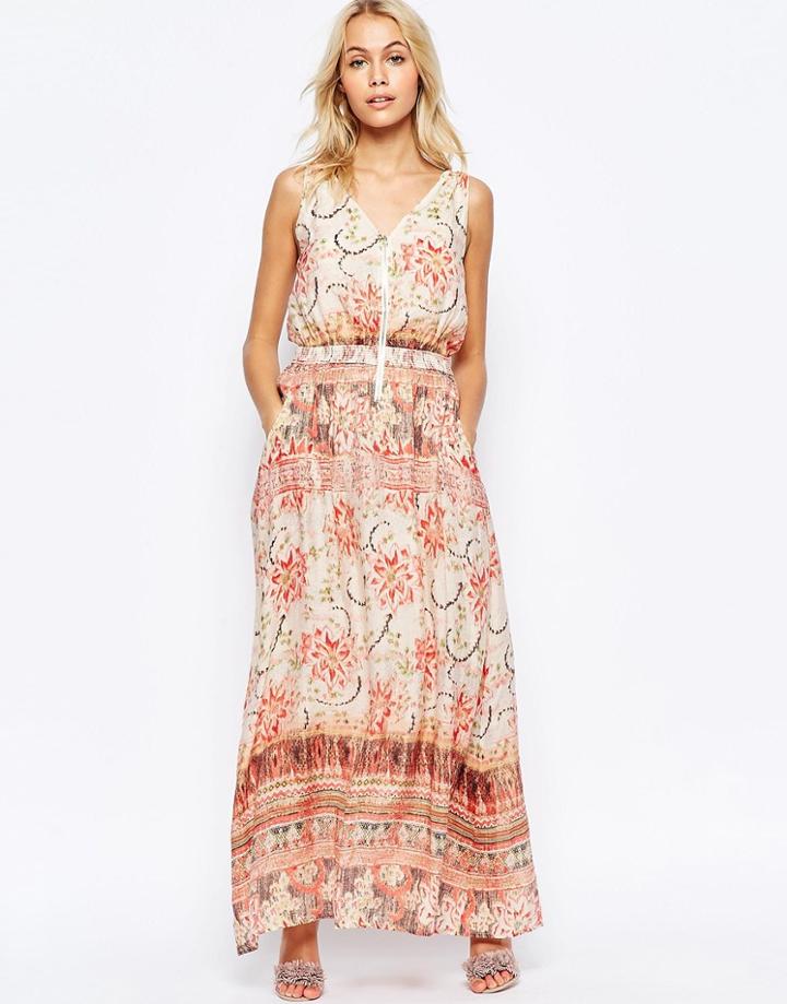 See U Soon Zip Front Maxi Dress In Washed Out Print - Red
