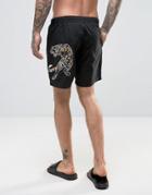Asos Swim Shorts In Black With Embroidered Tiger In Mid Length - Black