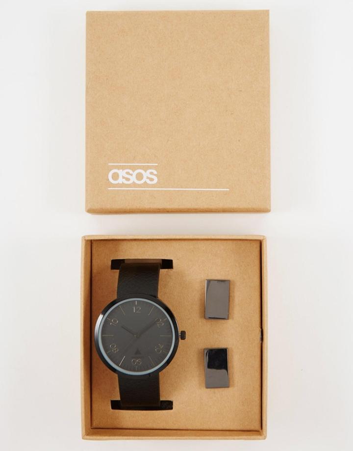 Asos Watch And Cufflink Set In Black - Black