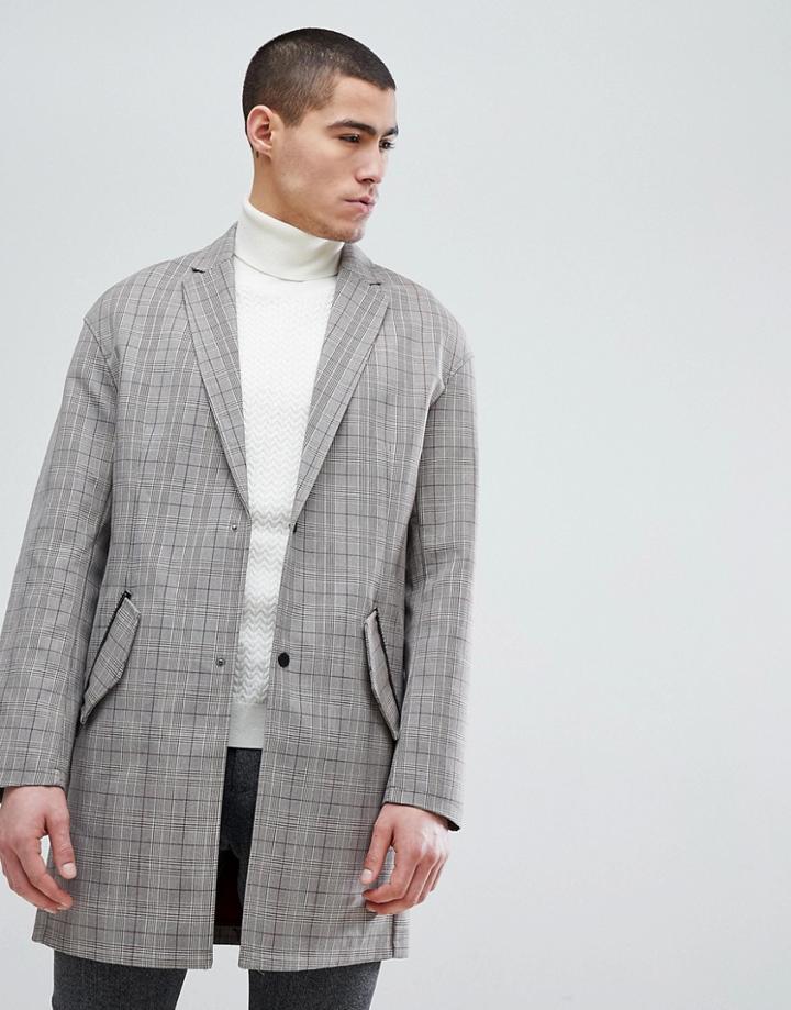 Stradivarius Check Trench Coat In Gray - Gray