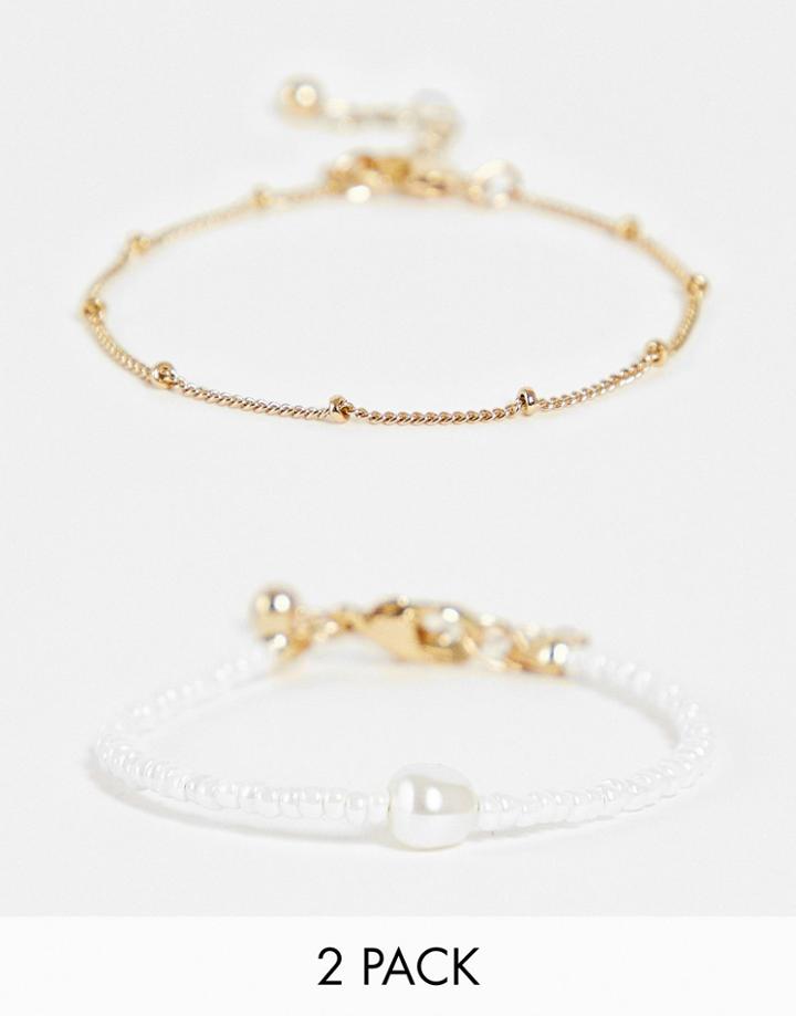 Asos Design Pack Of 2 Bracelet With Micro Faux Pearl And Dot Dash Chain In Gold Tone