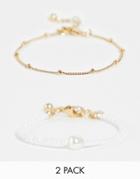 Asos Design Pack Of 2 Bracelet With Micro Faux Pearl And Dot Dash Chain In Gold Tone