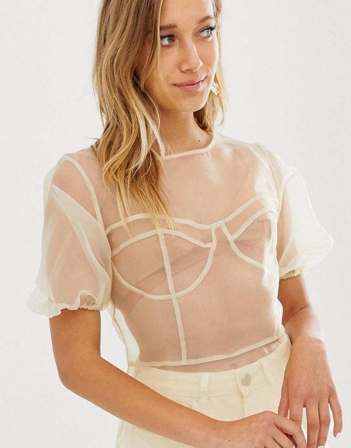 Asos Design Sheer Organza Short Sleeve Top With Stitch Detail - Cream