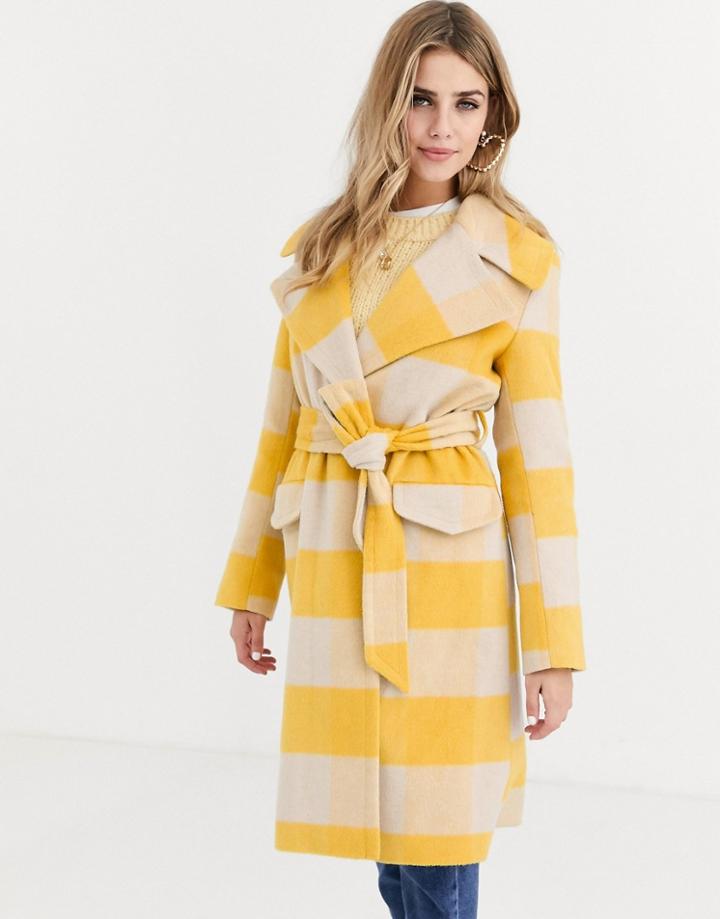 Miss Selfridge Longline Tailored Coat With Tie Waist In Yellow Check