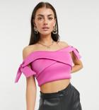 True Violet Bardot Cross-front Crop Top Co-ord With Bow Sleeves In Hot Pink
