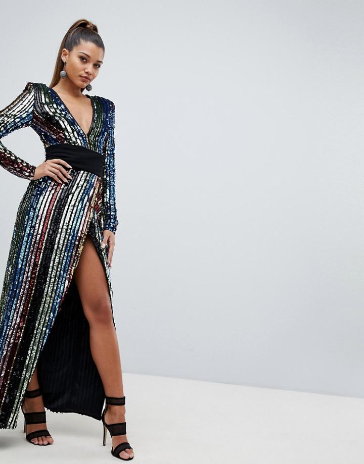 Club L Rainbow Sequin Wrap Front Maxi Dress - Multi