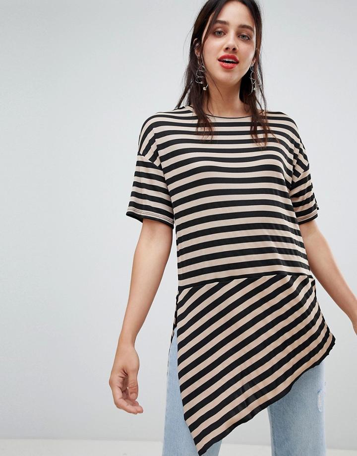 Stradivarius Striped Asymetric Hem T-shirt - Beige