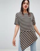 Stradivarius Striped Asymetric Hem T-shirt - Beige