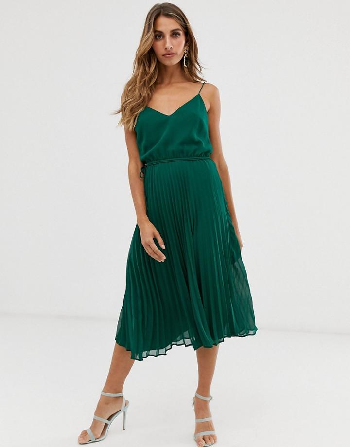 Asos Design Pleated Cami Midi Dress With Drawstring Waist