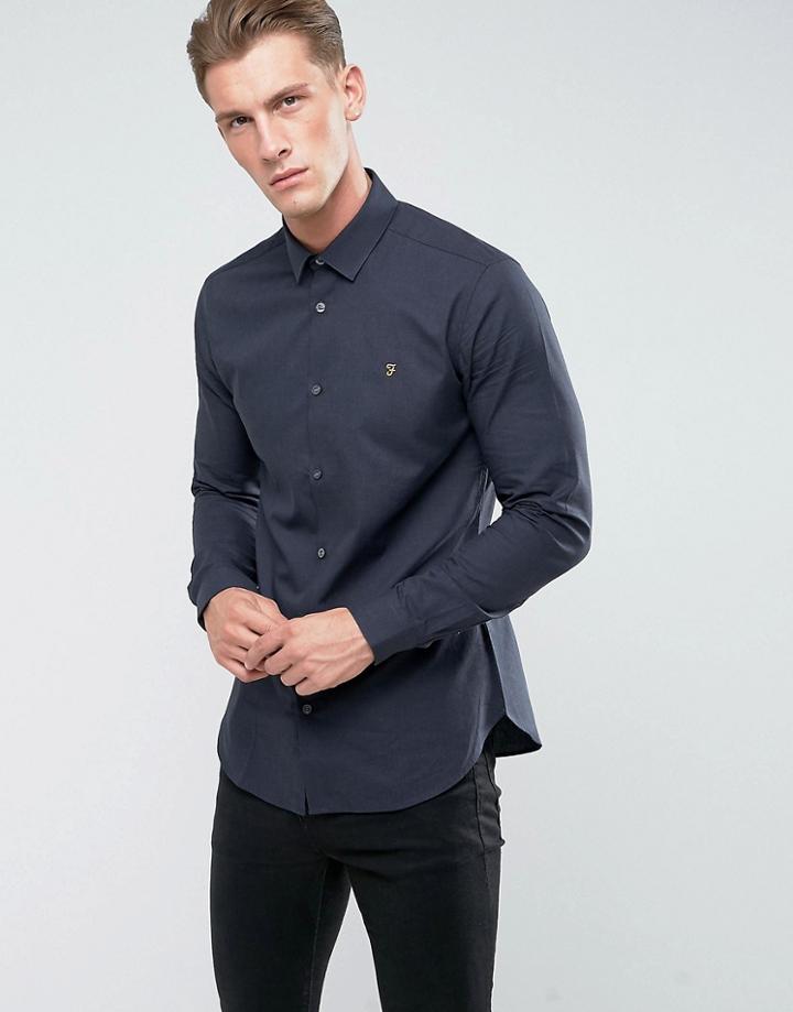 Farah Slim Shirt In Hopsack With Standard Collar - Navy